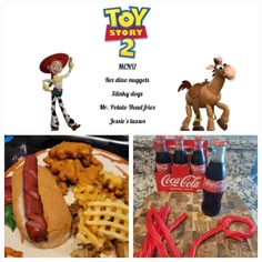 the toy story 2 menu includes hotdogs, waffle fries, and soda