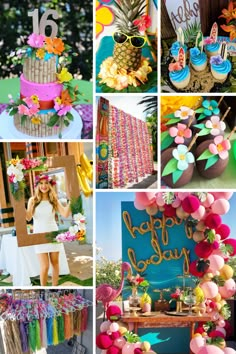 a collage of different pictures with flowers, pineapples and other things on display