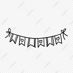 a black and white line drawing of a bunting banner with hearts on it, transparent background