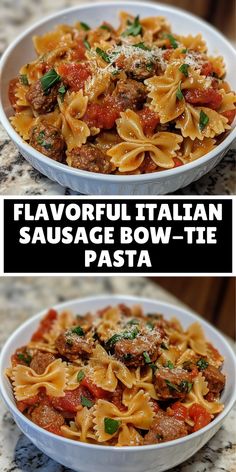 two bowls filled with pasta and meat in tomato sauce, next to the same bowl