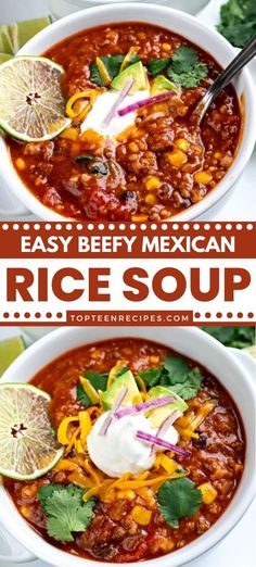 two bowls of easy beef mexican rice soup