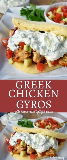 greek chicken gyros with tomatoes, lettuce and cheese on pita bread