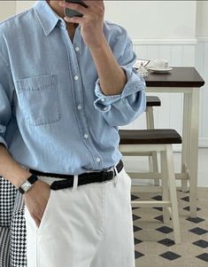 Men Blue Outfit Casual, Men Light Blue Outfit, Light Blue Outfit Men, Blue Outfits Men, Blue Shirt Outfit Men, Kemeja Denim, Denim Collar, Shirt Outfit Men, 150 Lbs