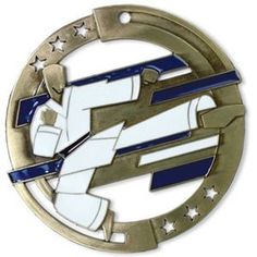 M3XL Martial Arts Themed Medals - AndersonTrophy.com Sports Medals, Neck Ribbon, Trophies & Awards, Plate Size, Name Plate, Karate, Martial Arts, Gold Finish, White Blue