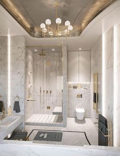 a bathroom with white marble walls and floor