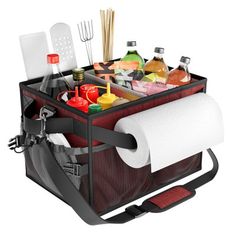 an image of a kitchen tool caddy with utensils and cleaning supplies in it