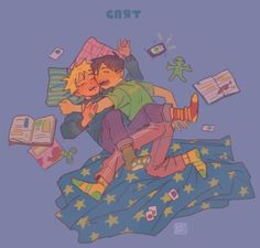 two people laying on top of each other in bed with an open book next to them