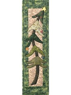 a green bookmark with an image of three trees