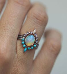 Rose Gold Plated on Silver Ethiopian Opal Turquoise Art Deco Engagement Ring Set | eBay Luxury Unique Turquoise Opal Ring, Peacock Blue Opal Ring, Opal Engagement Ring Set, Ocean Ring, Wedding Ring Sets Unique, Opal Engagement, Engagement Rings Opal, Wedding Rings Unique, Cool Ideas