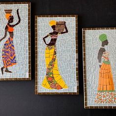 three pieces of mosaic art depicting women in colorful dresses and hats, hanging on a black wall