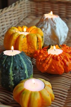 pumpkins and gourds with candles on a wicker tray