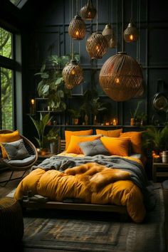 a bed with yellow sheets and pillows in a dark room filled with potted plants