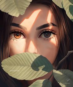 a woman's face surrounded by leaves