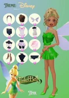 the tinker bell costume is shown in various styles and colors, including green with pink accents