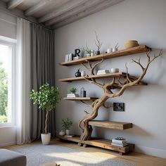 a living room filled with furniture and a tree like shelf next to a large window