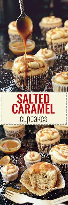 salted caramel cupcakes are being drizzled with caramel