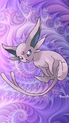 a white rabbit with blue eyes sitting on top of a purple and pink swirly background