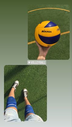 two pictures of a person holding a yellow and blue ball in front of their feet