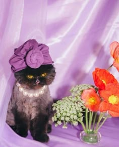 a cat sitting next to a vase with flowers in it and wearing a purple hat