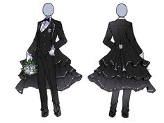 an anime character in a black dress and suit with flowers on his lap, standing next to another character