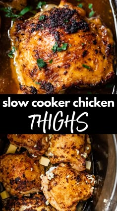 slow cooker chicken thighs in a skillet with text overlay