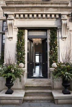 two large black vases with plants in them are on the front steps of a building