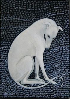 a painting of a white dog sitting on top of a blue and black background,