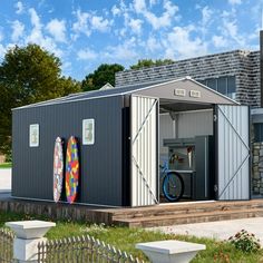 two surfboards are in the back of a small building with an open front door