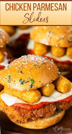 chicken parmesan sliders with chicken, cheese, marinara sauce and topped with mozzarella sticks. Parmesan Sliders, Chicken Parmesan Sliders, Homemade Hamburgers, Mozzarella Sticks, Slider Recipes, Fresh Chicken, Dinner Idea, Chicken Parmesan, Marinara Sauce