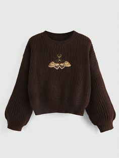 Embroidery Detail Drop Shoulder Sweater Coffee Brown Casual  Long Sleeve Knitwear Graphic Pullovers Slight Stretch  Women Clothing, size features are:Bust: ,Length: ,Sleeve Length: Pullover Embroidery Ideas, Goblincore Sweaters, Fairycore Sweaters, Comfy Clothes Winter, Romwe Clothes, Brown Clothes Aesthetic, Cute Fall Sweaters, Nature Sweater, Sweaters Aesthetic