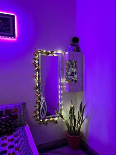 a room with a mirror, potted plant and lights on the wall above it