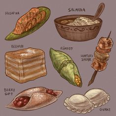 an illustration of different foods that are in the shape of a bowl and on top of each other