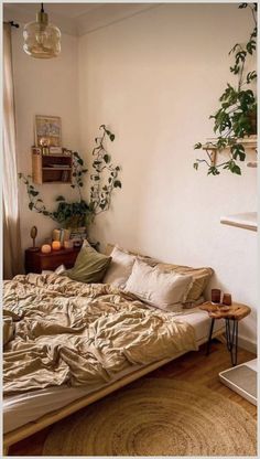 an unmade bed sitting in a bedroom next to a window with potted plants on it