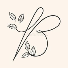 a black and white drawing of leaves on a branch with the letter e in it