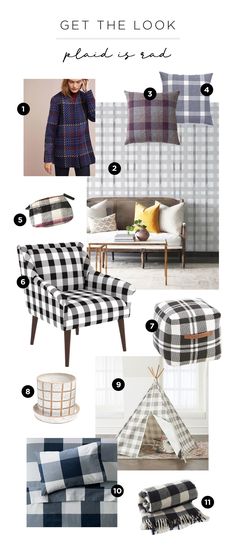 a collage of plaid furniture and accessories