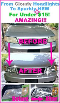 the before and after image shows how to paint an old car's headlight