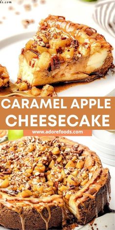 caramel apple cheesecake on a white plate