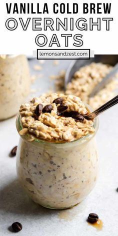 vanilla cold brew overnight oats in a glass jar with chocolate chips on the side