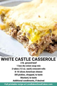 a close up of a plate of food with text above it that reads white castle casserole