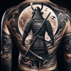 the back of a man's body with tattoos on it and an image of a samurai