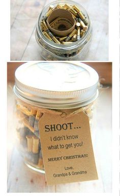 a jar filled with lots of different types of gold and silver coins next to a card saying shoot i didn't know what to get you merry christmas