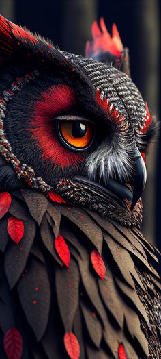 an owl with orange eyes and red feathers