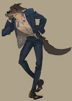 a drawing of a man in a suit with a fox on his shoulder and an animal tail