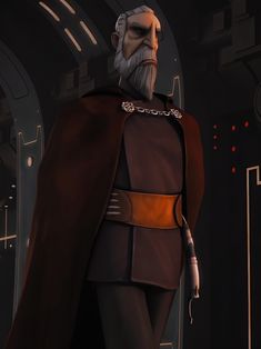 an animated star wars character standing in front of a dark background