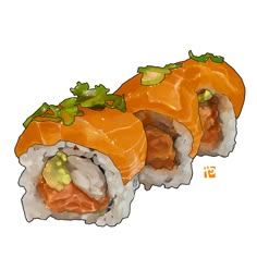 two sushi rolls with sauce and garnishes on the top one is cut in half