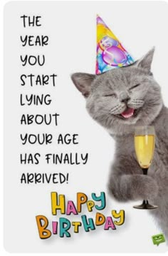 a gray cat wearing a birthday hat and holding a wine glass with the words happy birthday written on it