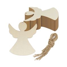 wooden angel ornament with twine and string, set of 2 - unfinished