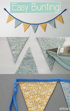 an easy bunting banner made out of fabric with scissors and sewing machine in the background