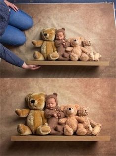 there are two shelves with teddy bears on them and one is holding a baby's head