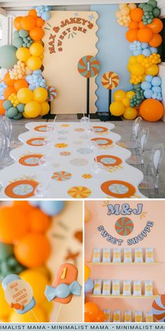 an orange and blue themed party with balloons, candy bars, and dessert table decorations